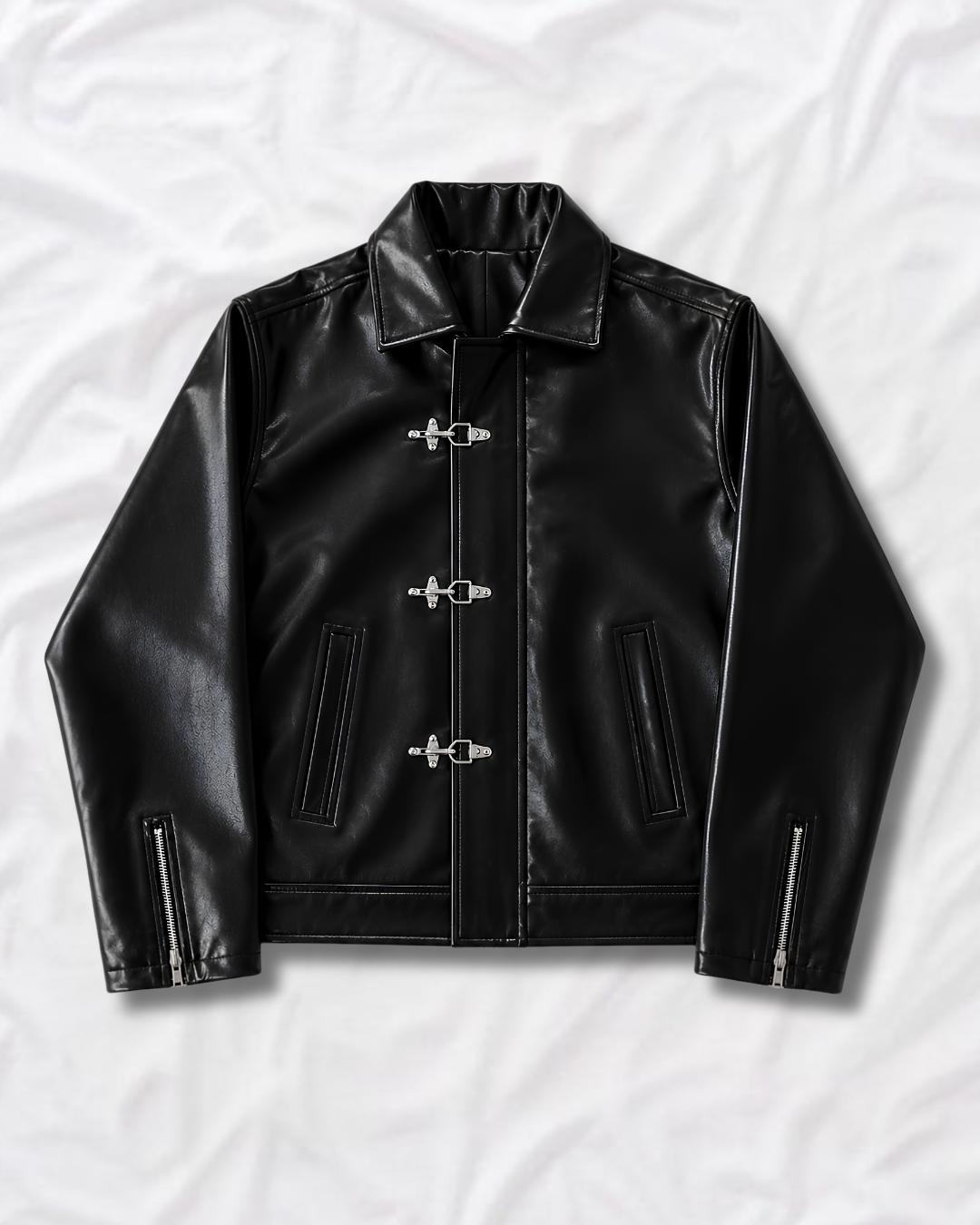 Black fireman clasp faux leather jacket front view