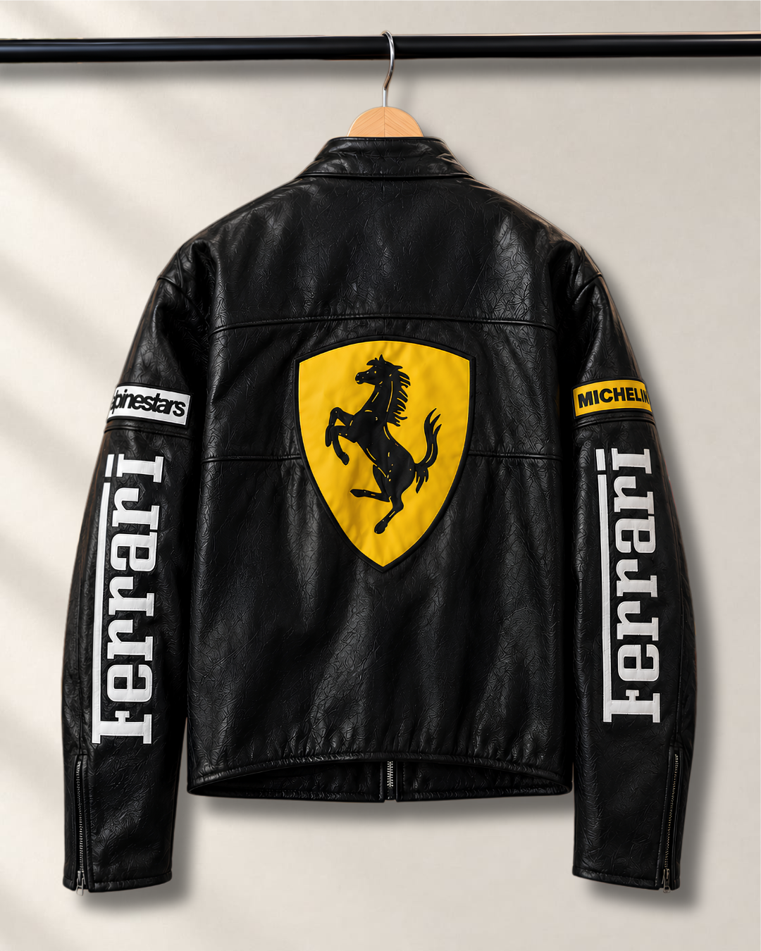 Black motorsport leather jacket for men
