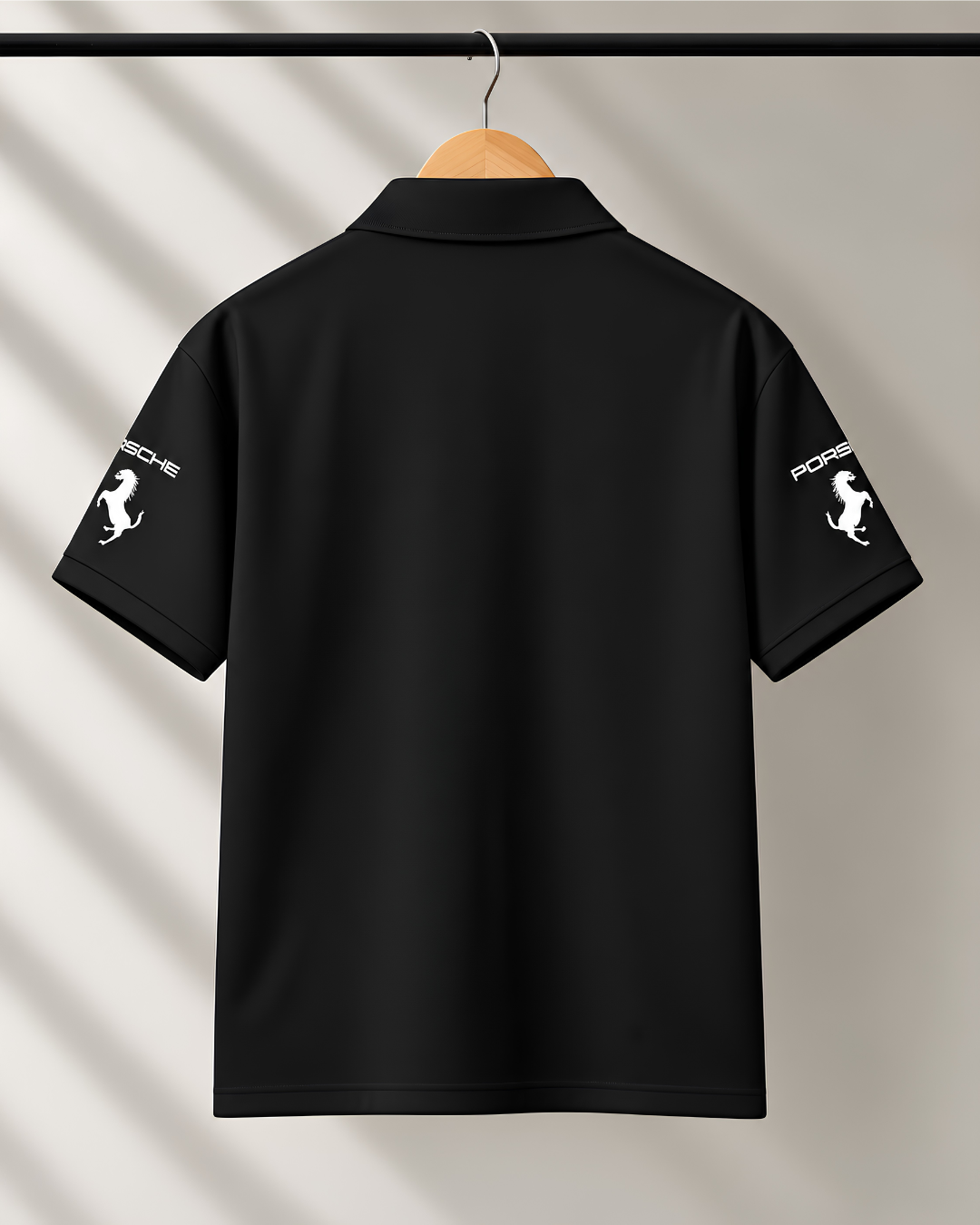 Black motorsport polo t-shirt Porsche style back design