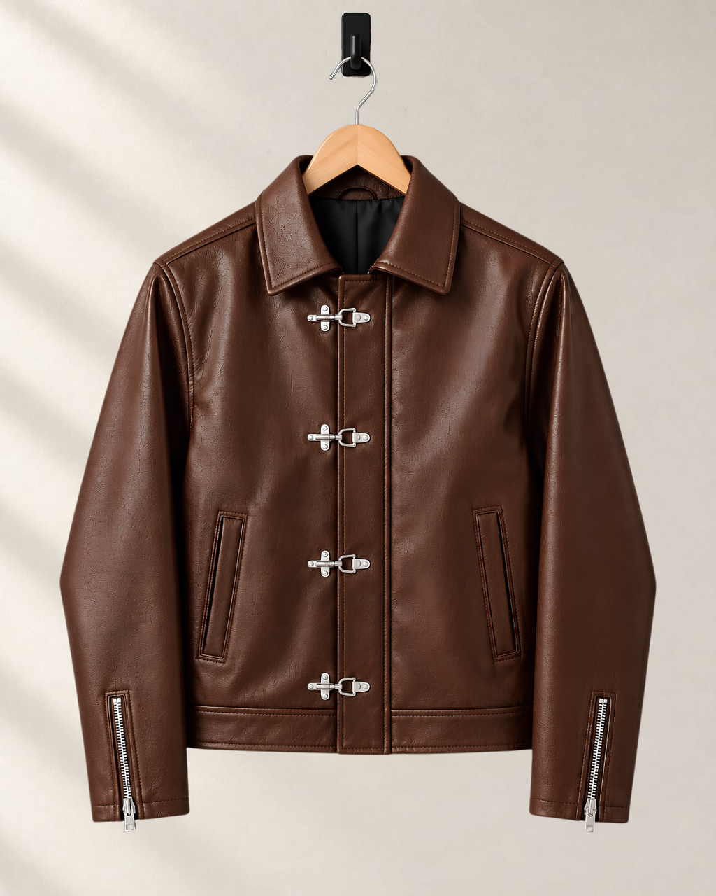 Brown faux leather jacket with streetwear clasp hardware