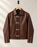 Brown faux leather jacket with streetwear clasp hardware