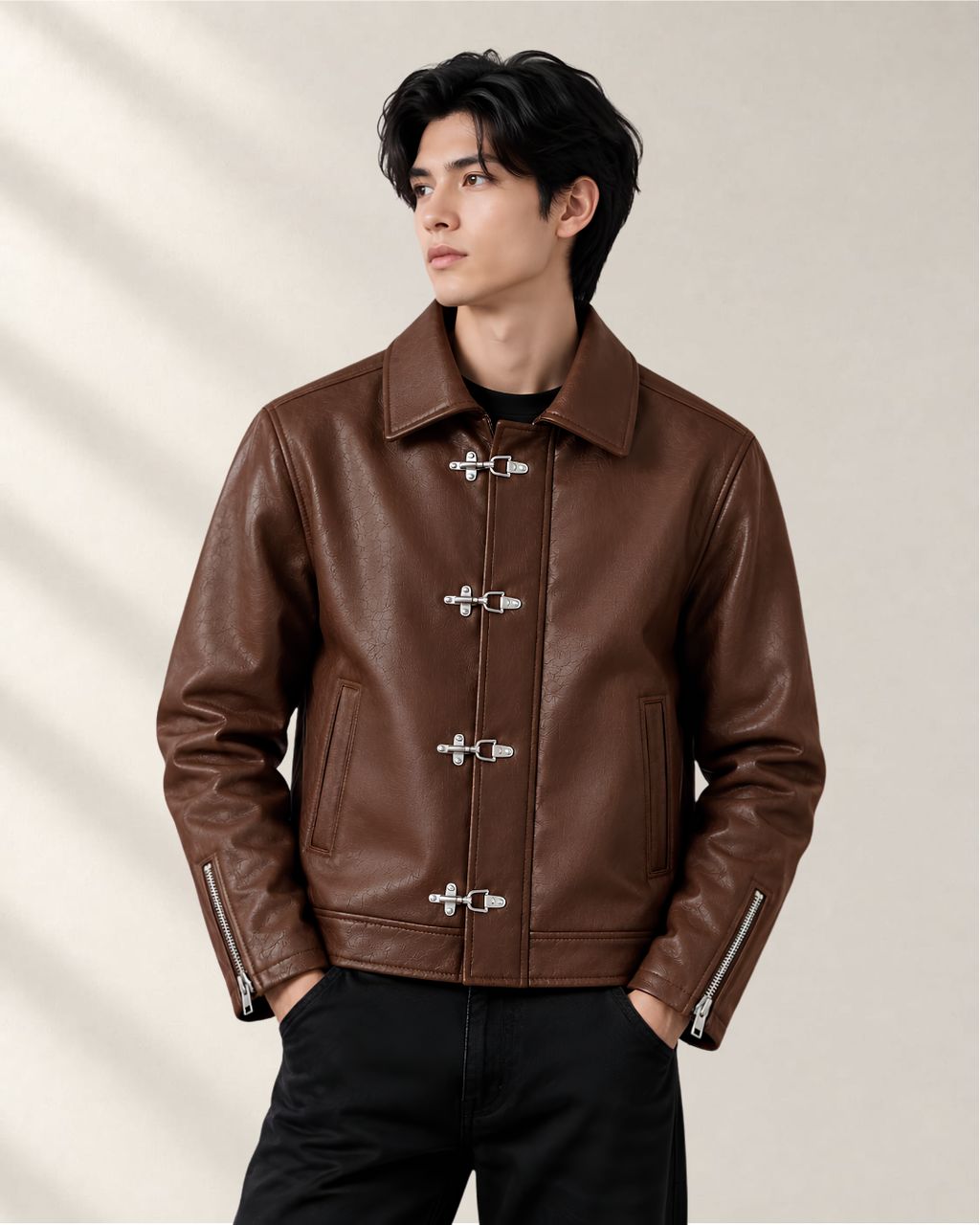 Brown streetwear clasp jacket two-way zipper detail