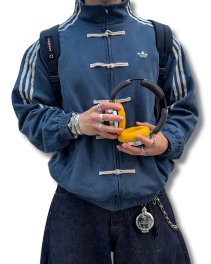 Navy blue suede CNY jacket full look front and back