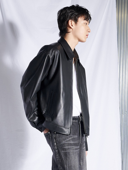 Classic black leather jacket for men, timeless biker style outerwear with sleek finish