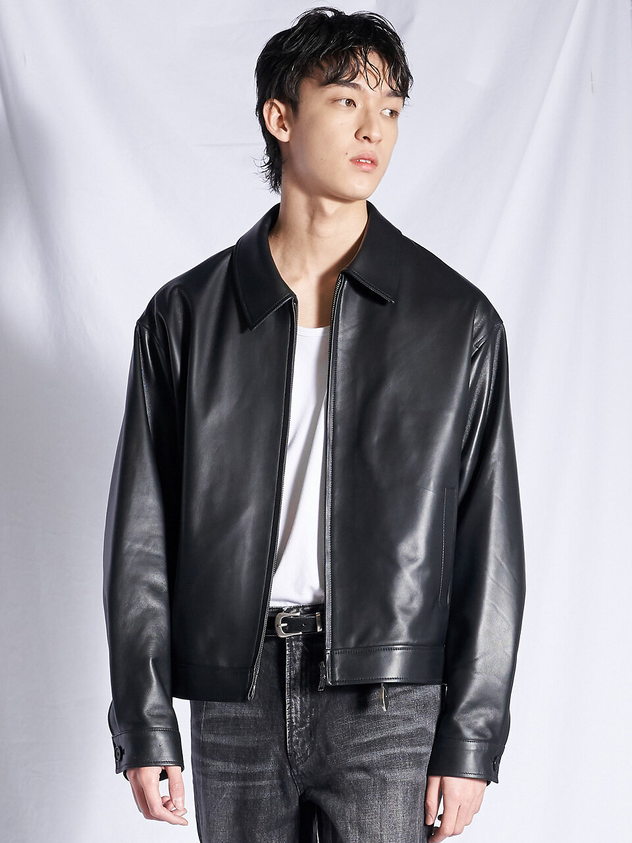 Men’s black leather jacket, premium casual outerwear with modern minimalist design