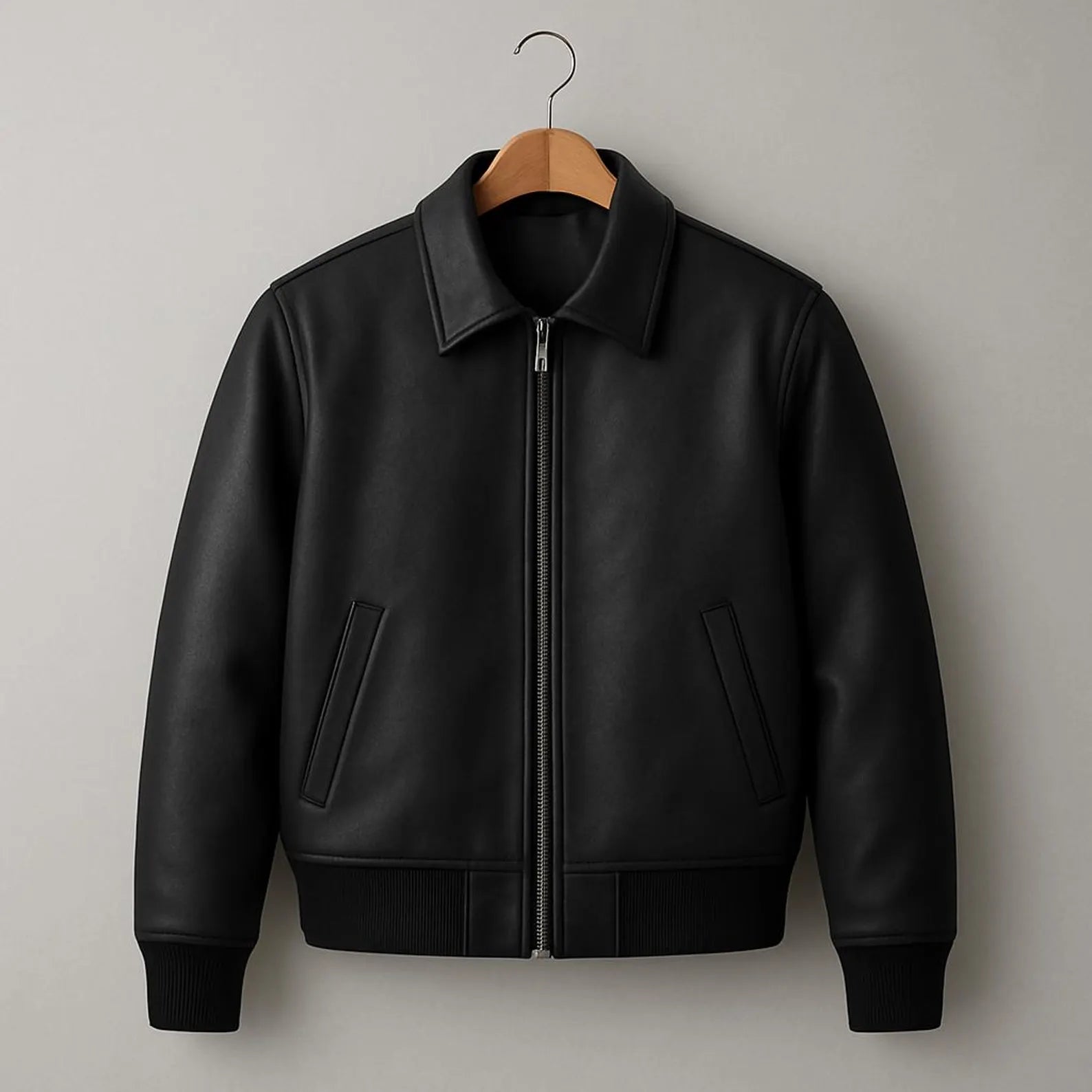 Premium black leather biker jacket, modern fit streetwear essential for all seasons