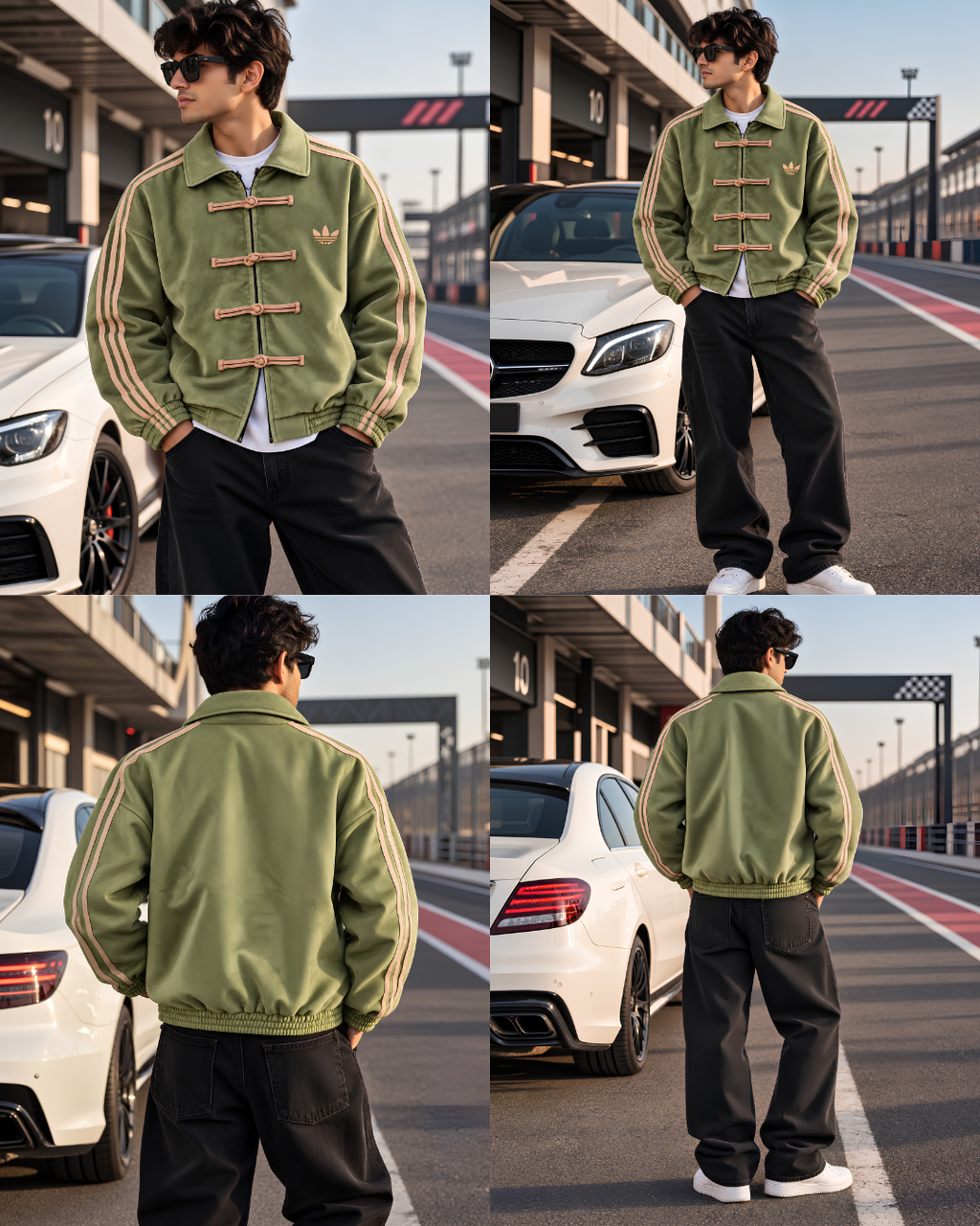 Close up of beige Chinese knot detailing on green jacket