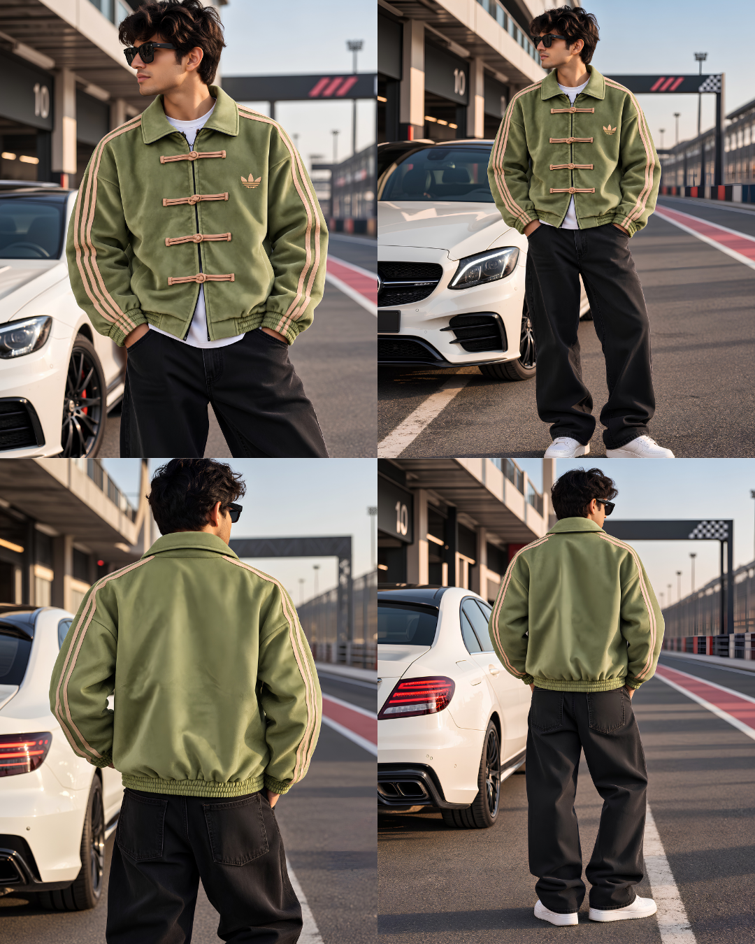 Close up of beige Chinese knot detailing on green jacket