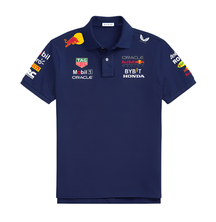 Red Bull inspired navy blue polo t-shirt front HD print
