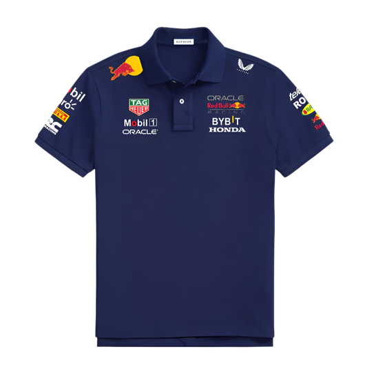 Red Bull inspired navy blue polo t-shirt front HD print