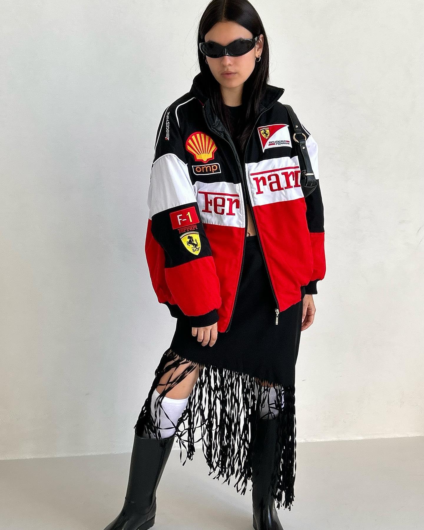 Tricolor streetwear jacket with motorsport-inspired design and bold color blocking