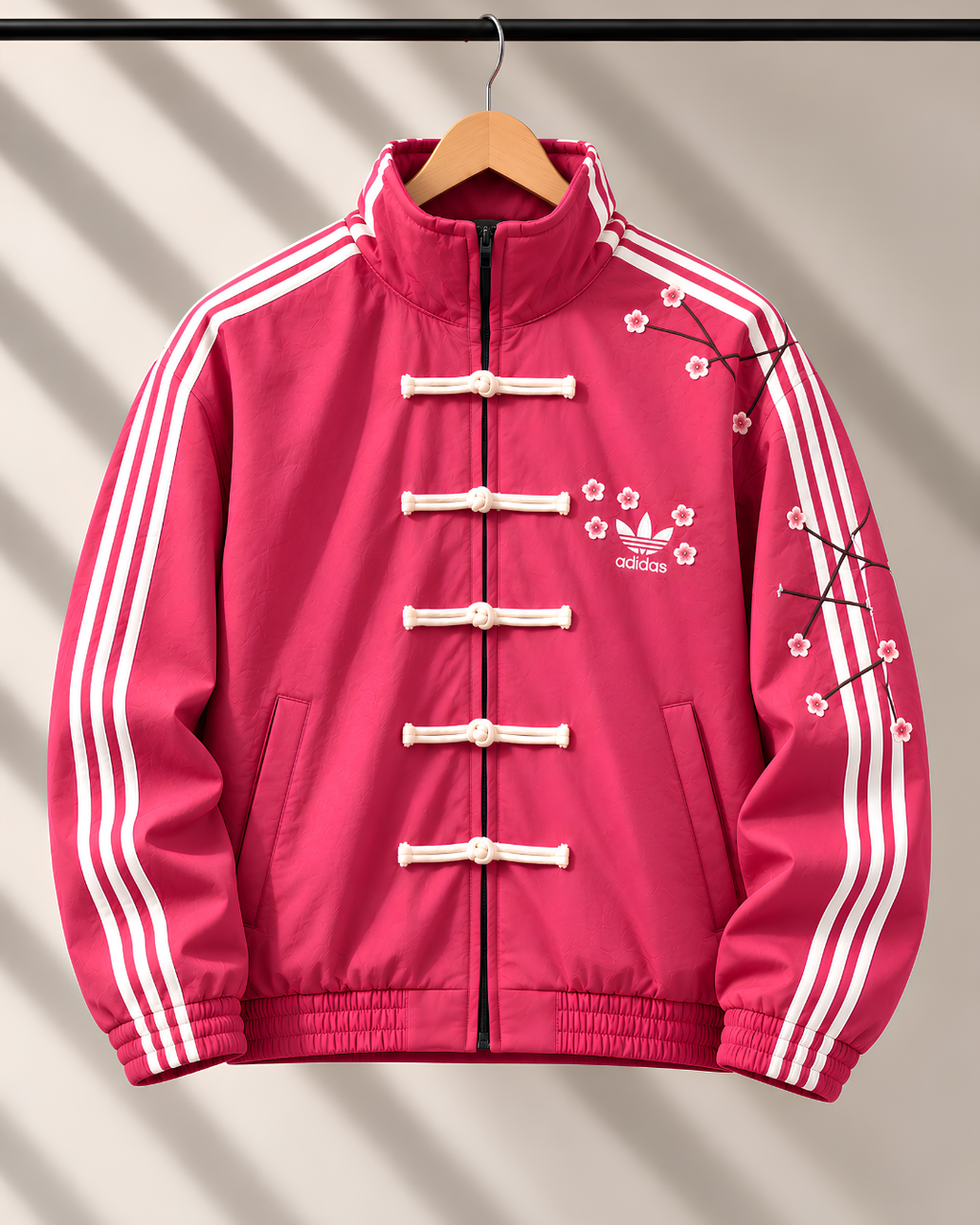 Female model wearing premium pink CNY jacket with Mandarin collar and frog buttons.