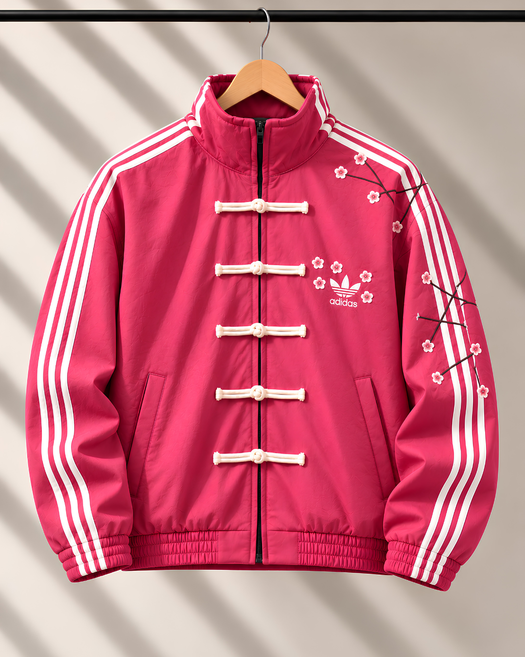 Female model wearing premium pink CNY jacket with Mandarin collar and frog buttons.