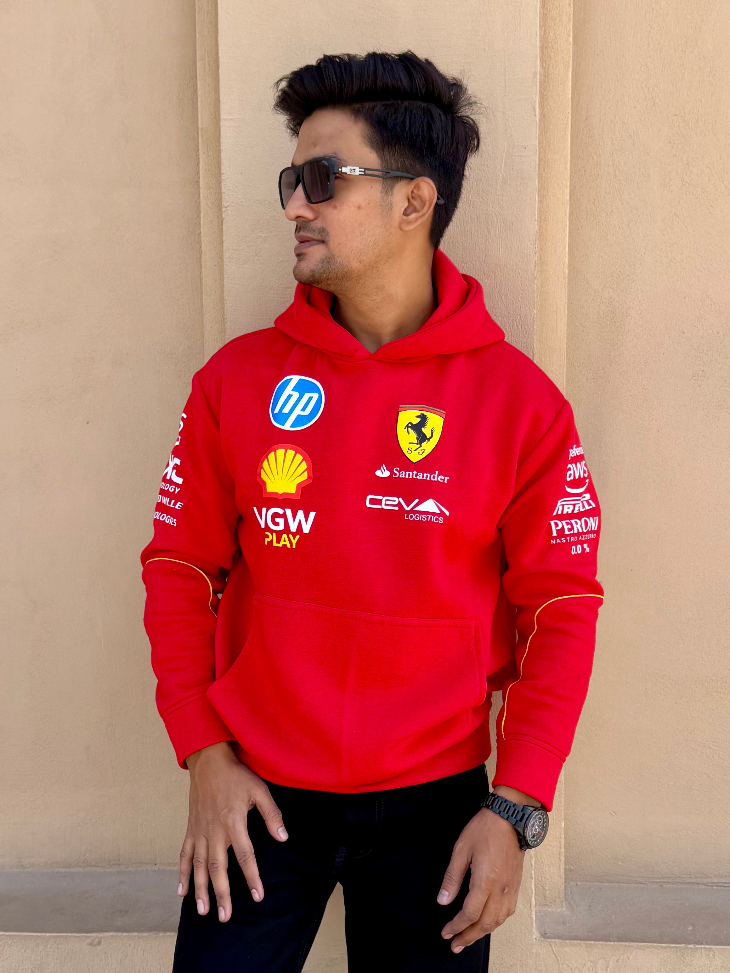 Ferrari red cotton fleece hoodie for men and women, warm streetwear pullover with racing inspired design
