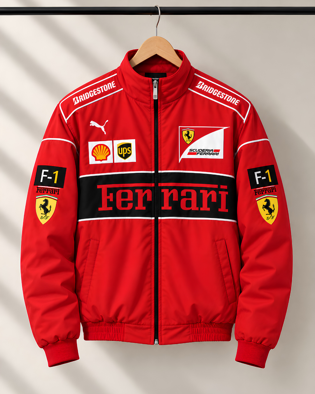 Red Ferrari inspired F1 racing jacket front view