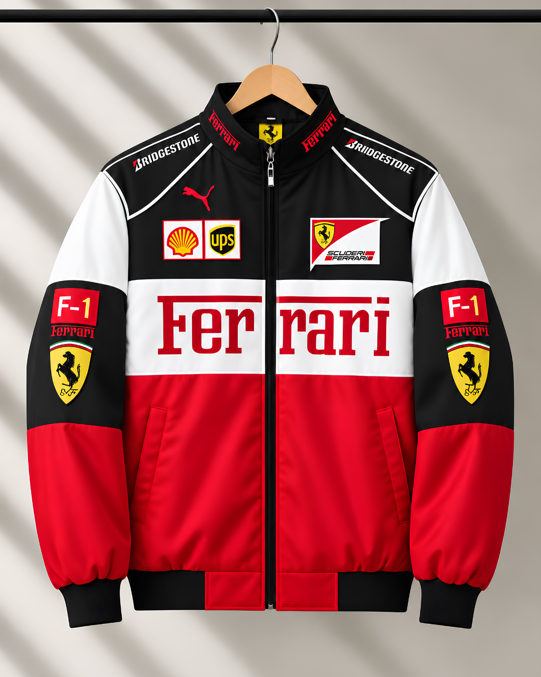 Red black white Ferrari inspired F1 racing jacket front view