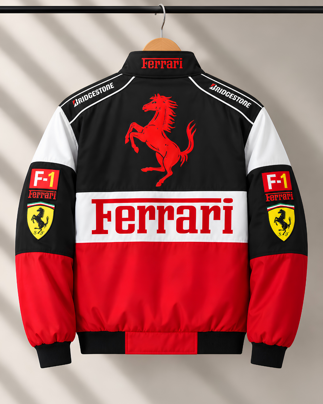 Red black white Formula 1 racing jacket on hanger