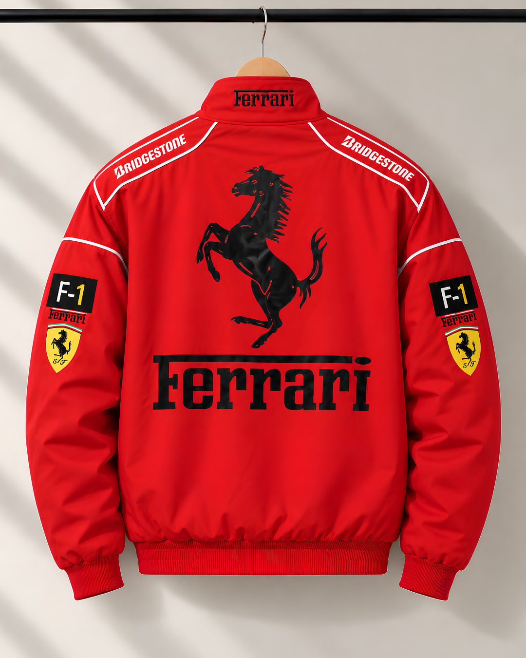 Red Formula 1 racing jacket with sponsor patches