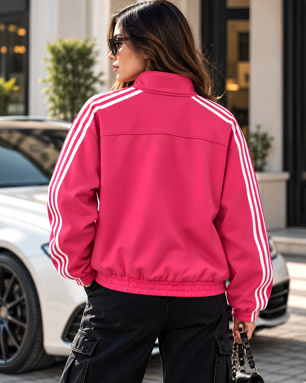 Full body fashion model styling pink Chinese inspired track jacket with casual streetwear.
