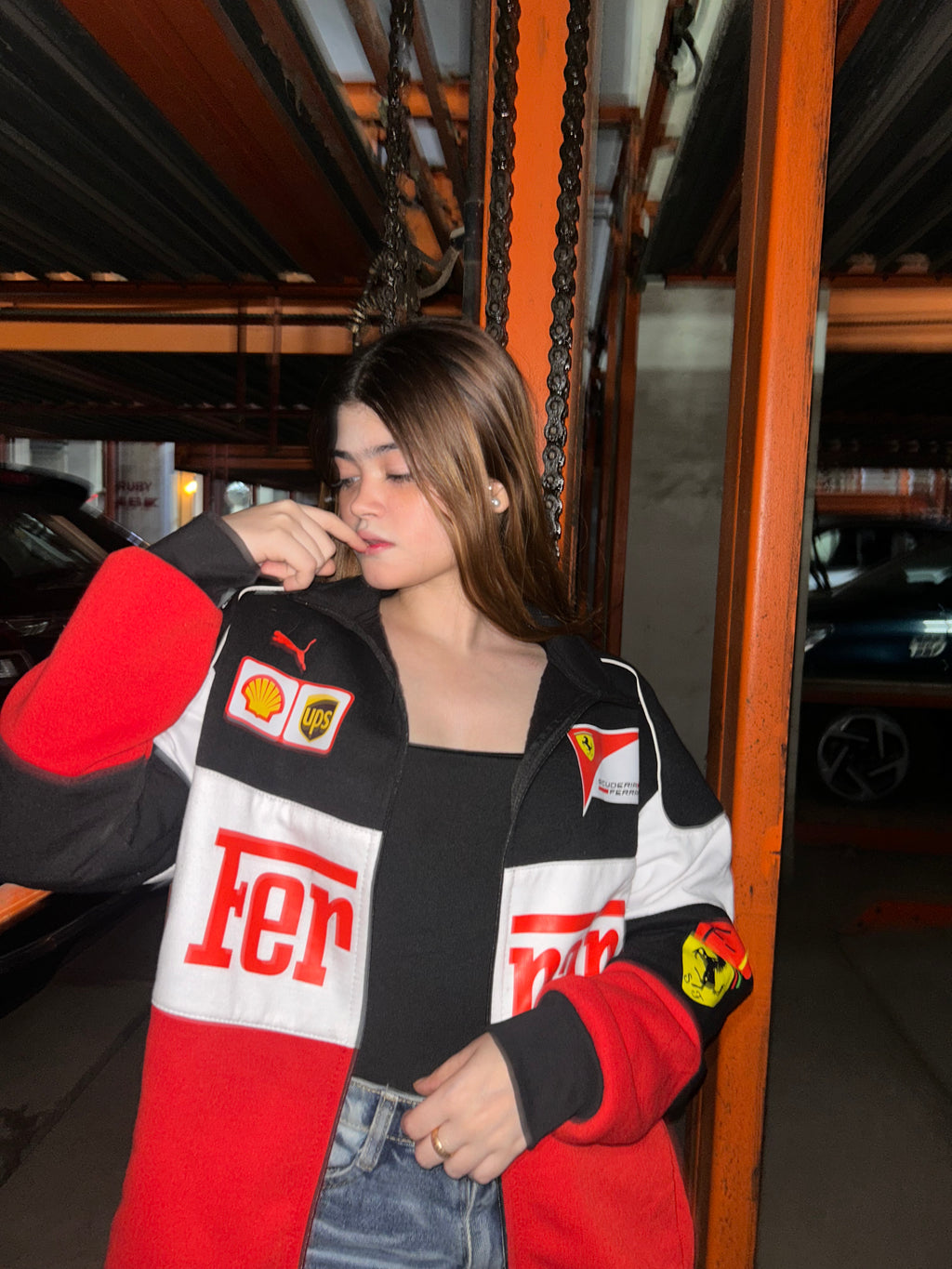 Close-up of printed puffer jacket showing high-quality fabric and stitching