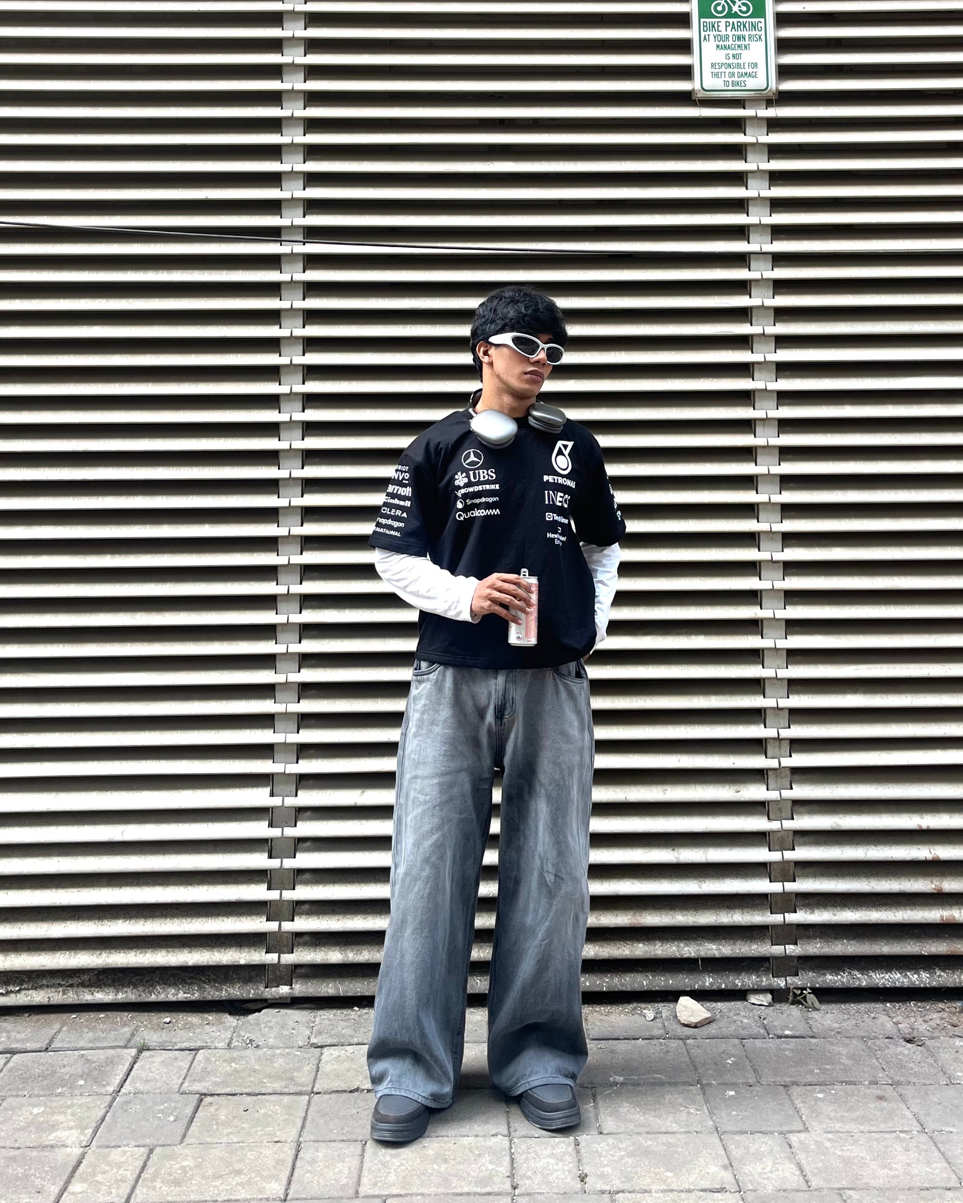 Petronas inspired black F1 racing t shirt front view premium motorsport streetwear tee