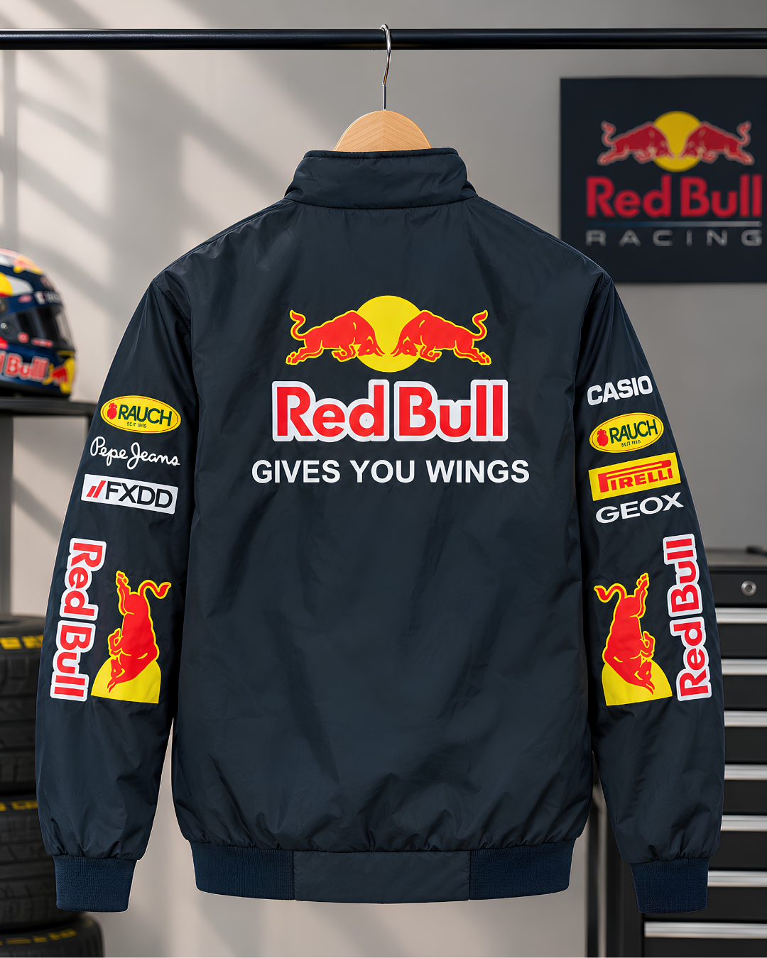 Red Bull Racing Team Jacket – Inner Puff Parachute Fabric | F1 Streetwear Look - Streetwear Clothings