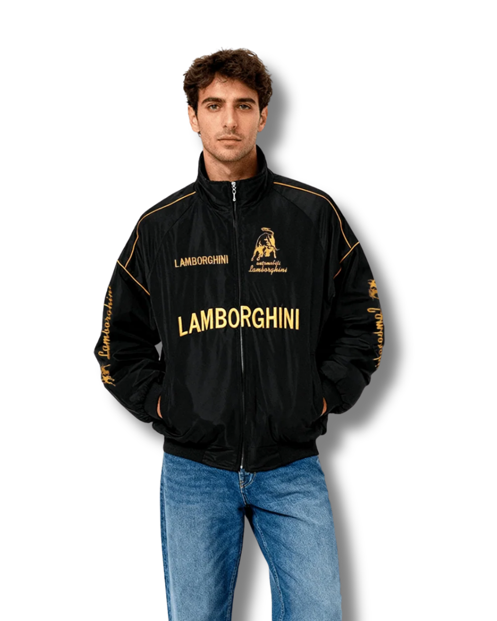 Lamborghini racing jacket for men, premium motorsport style outerwear with bold streetwear look