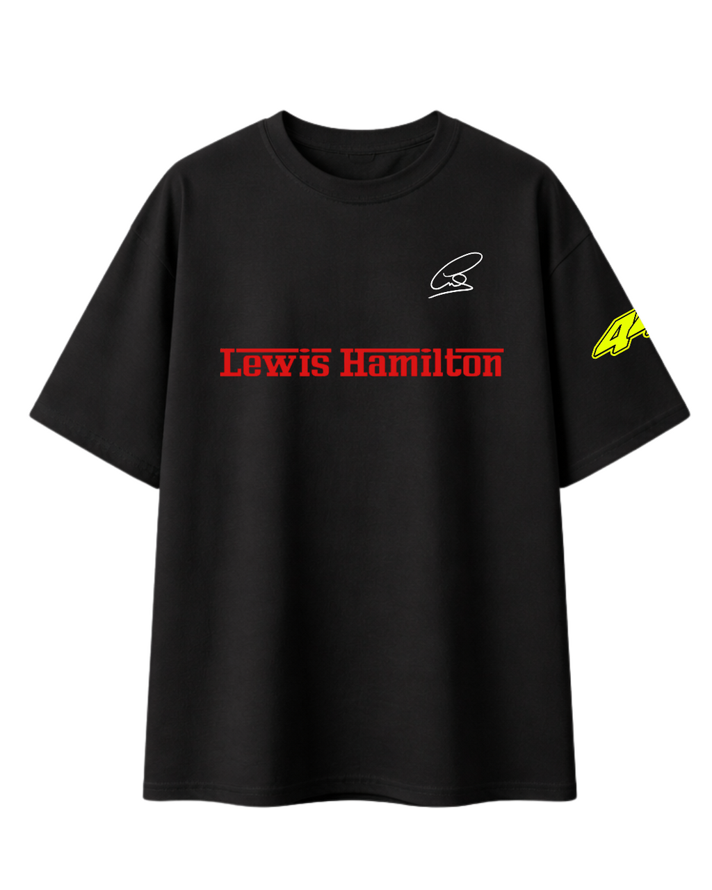 Black oversized F1 inspired unisex T-shirt front view with Lewis Hamilton style streetwear design