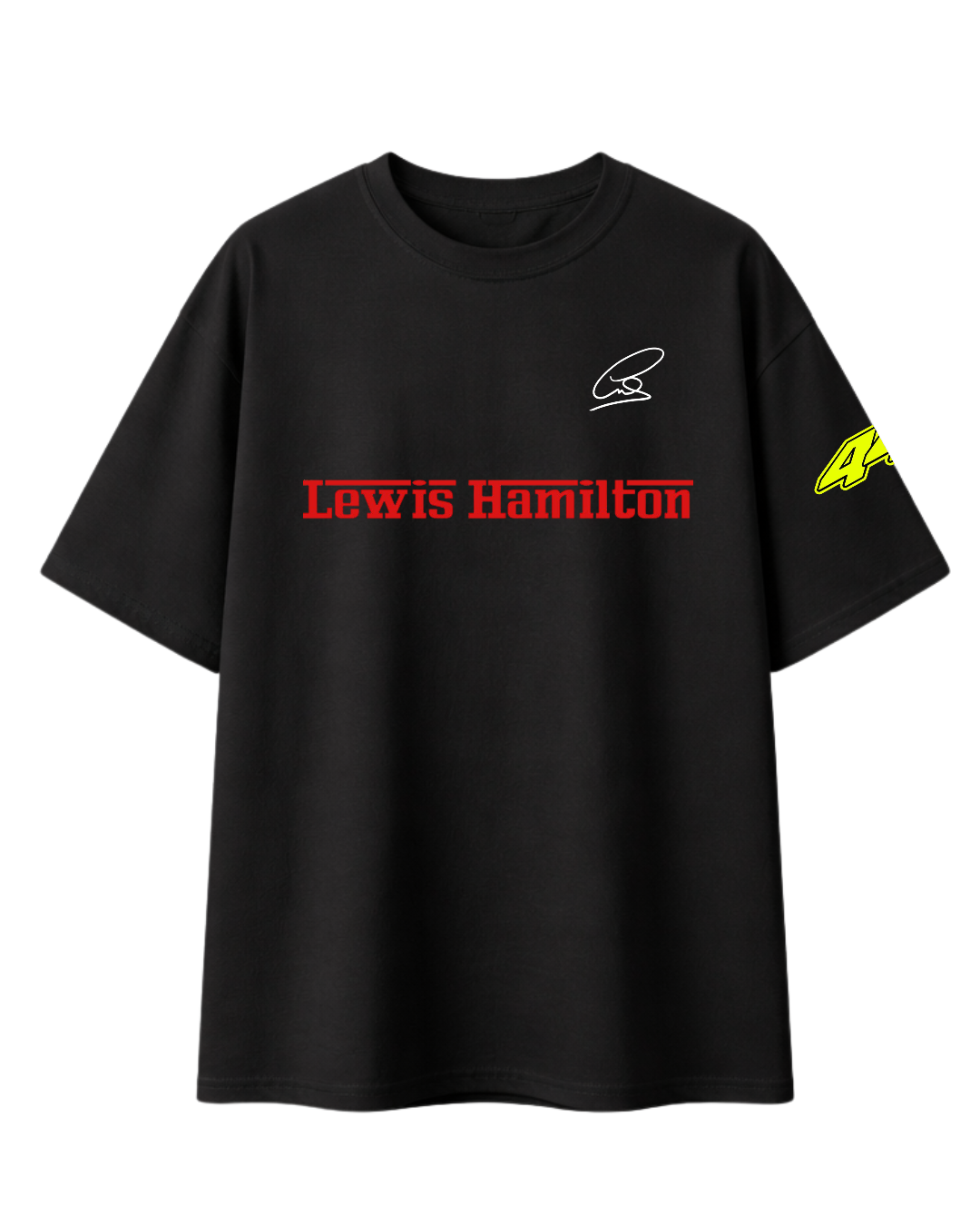 Black oversized F1 inspired unisex T-shirt front view with Lewis Hamilton style streetwear design