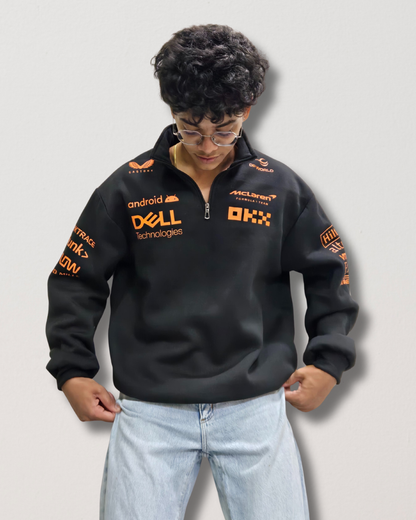 McLaren inspired black sweatshirt for men and women, premium cotton streetwear with racing aesthetic design
