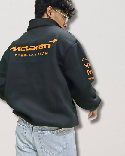 Black sweatshirt inspired by McLaren racing style, comfortable pullover with motorsport theme and minimal logo look