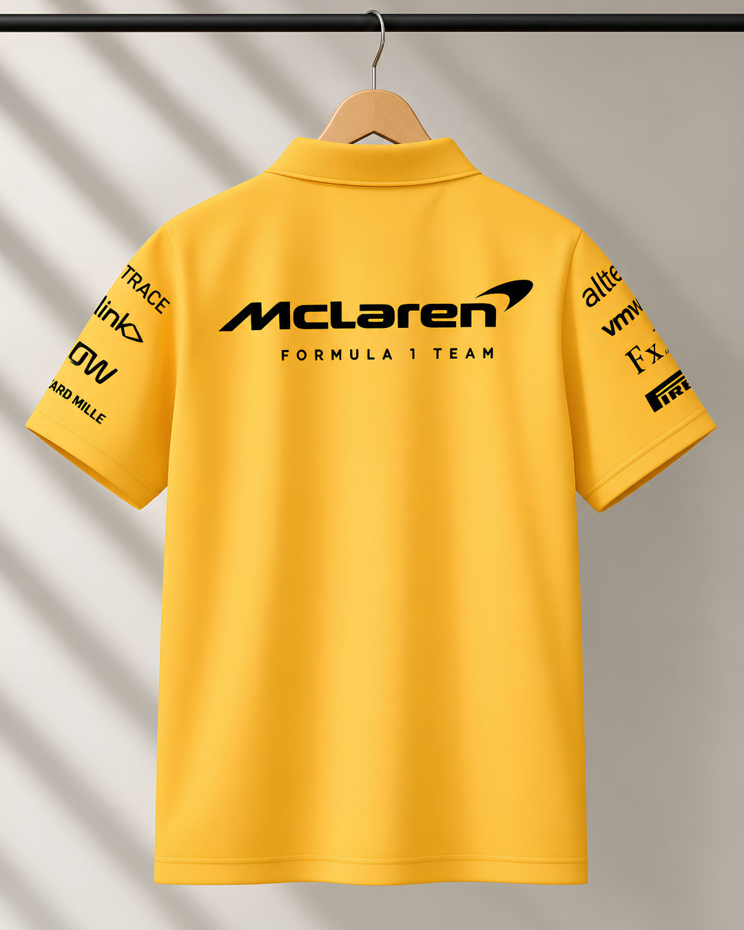 McLaren style yellow polo shirt with black chest graphics