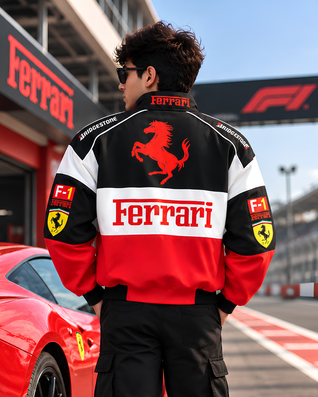 Men's Ferrari inspired jacket full body model photoshoot