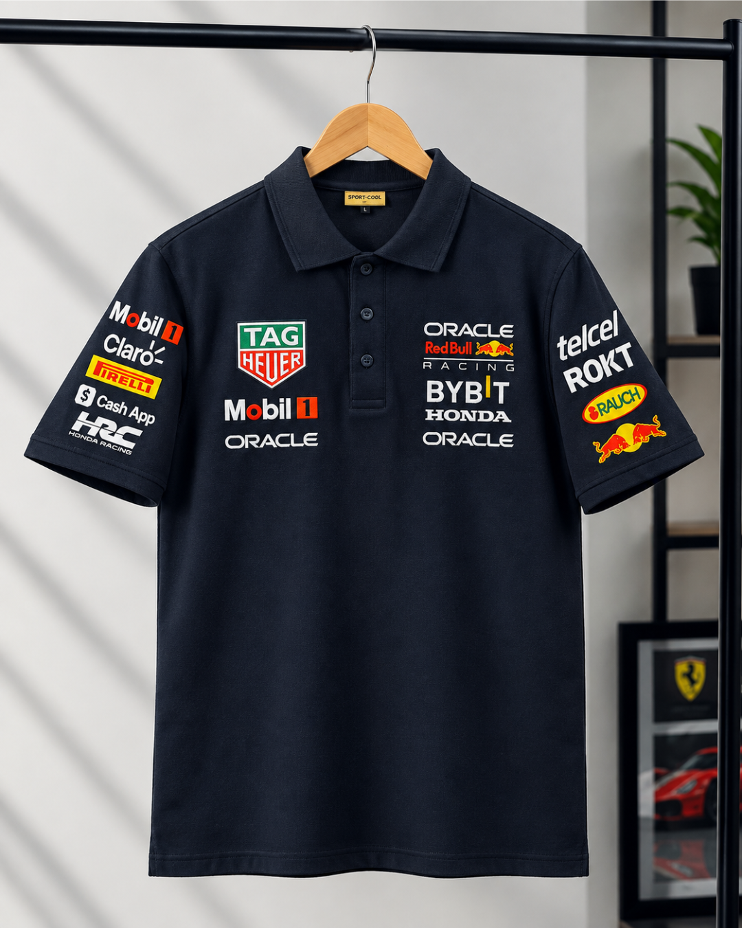 Red Bull inspired navy blue polo t-shirt front HD print