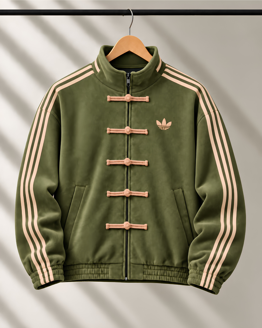 Olive green Chinese knot jacket with beige stripes front view