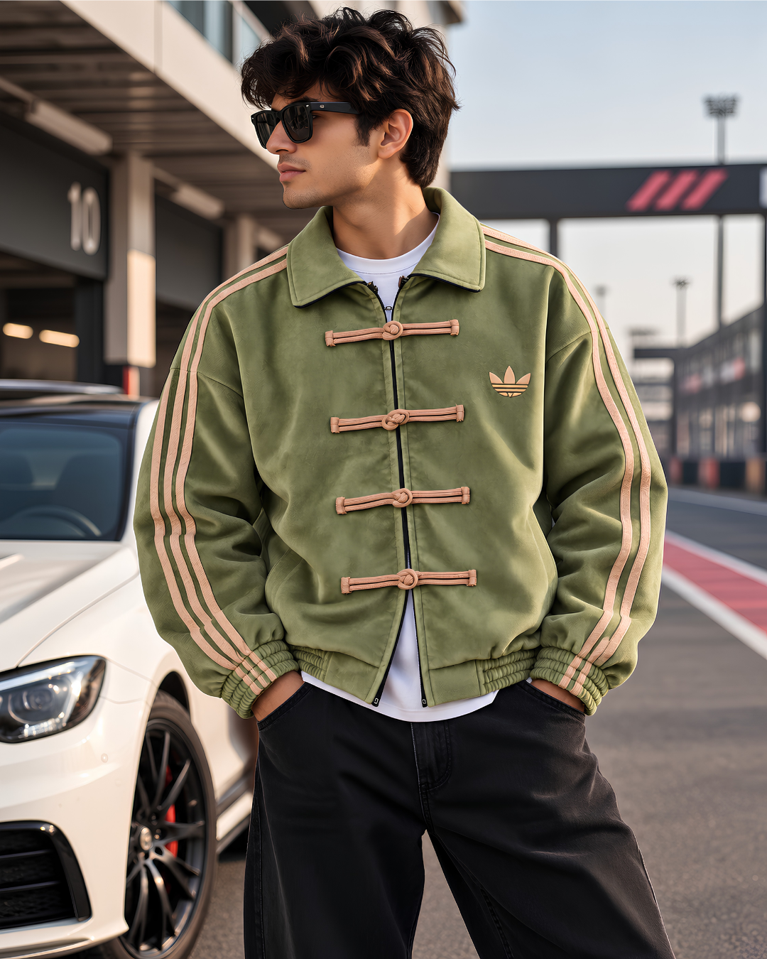 Unisex olive green streetwear jacket on wooden hanger