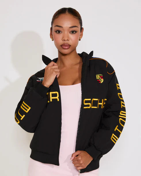 Porsche black parachute puffer racing jacket for men, lightweight winter outerwear with motorsport style