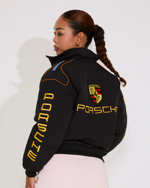Porsche inspired black puffer racing jacket, insulated parachute fabric with sleek motorsport look