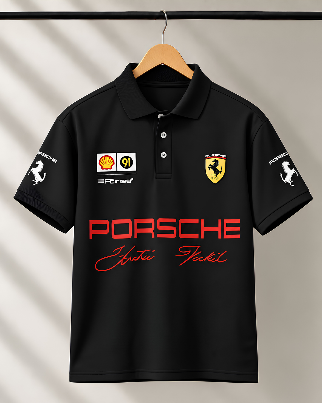 Porsche inspired black polo t-shirt front HD print 