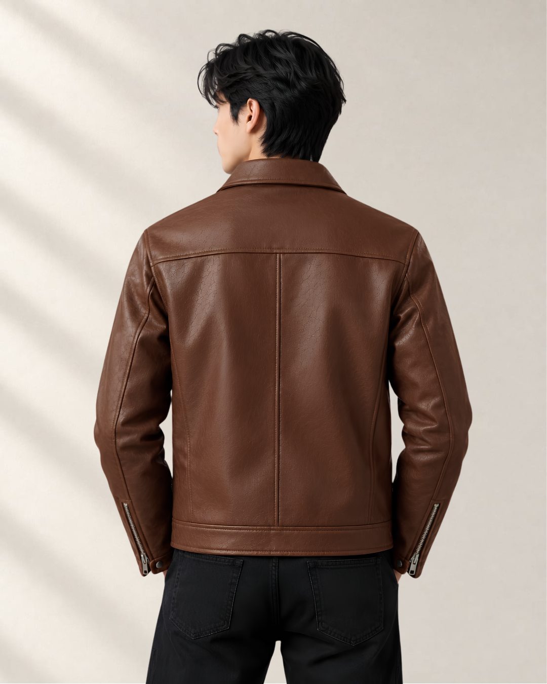Premium brown faux leather cropped jacket side view