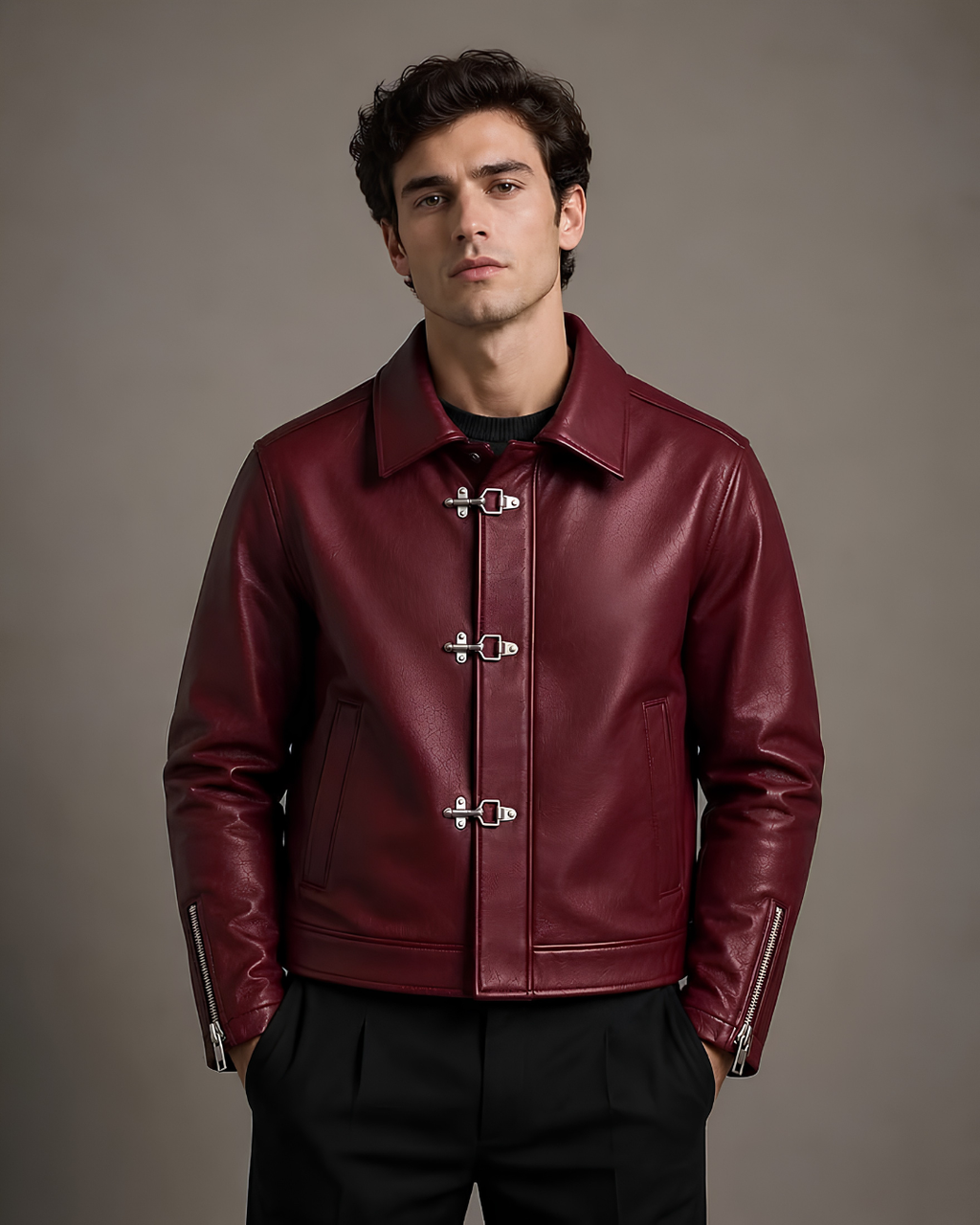 Premium burgundy faux leather cropped jacket side view