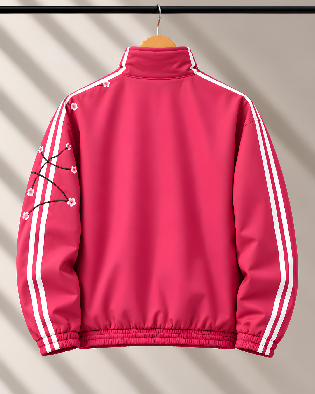 Premium pink CNY track jacket hanging on wooden hanger with white stripes.
