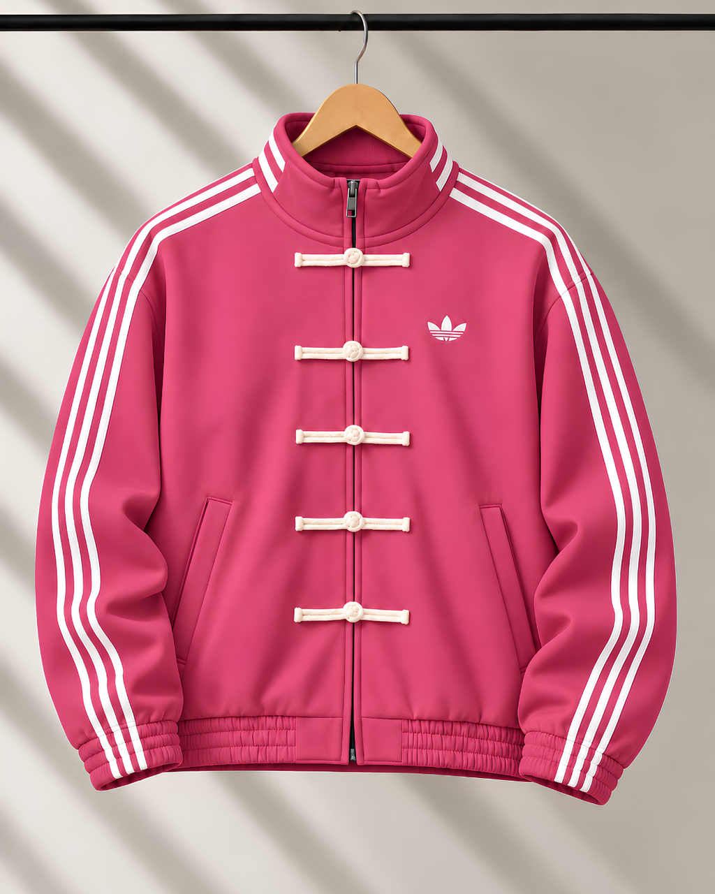 Premium pink CNY track jacket hanging on wooden hanger with white stripes.