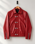 Premium red faux leather cropped jacket side view