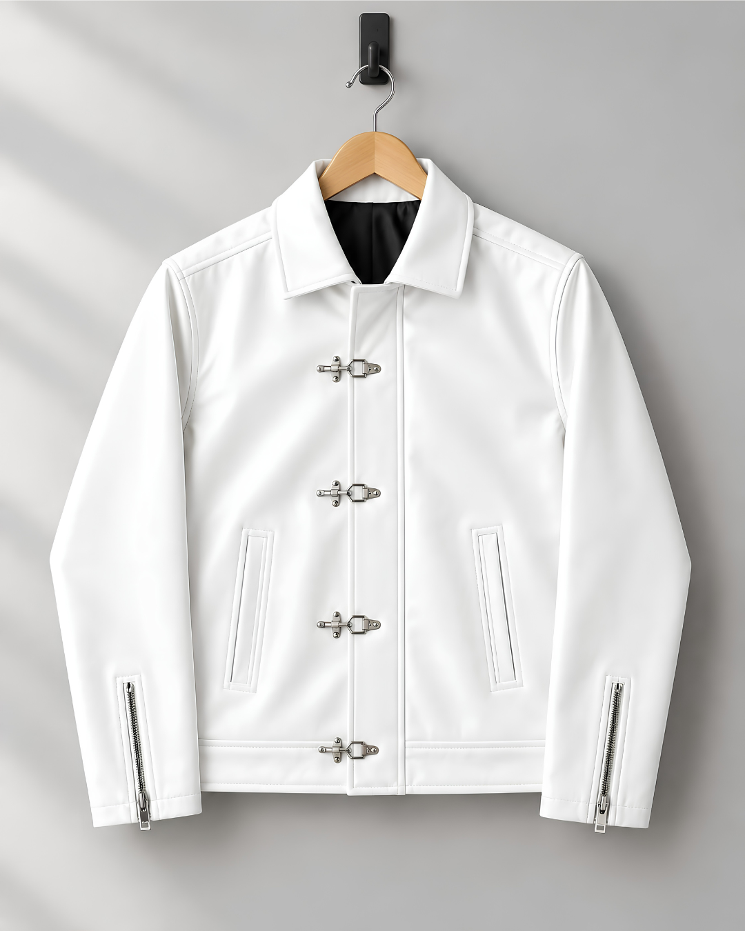 Premium white faux leather cropped jacket side view