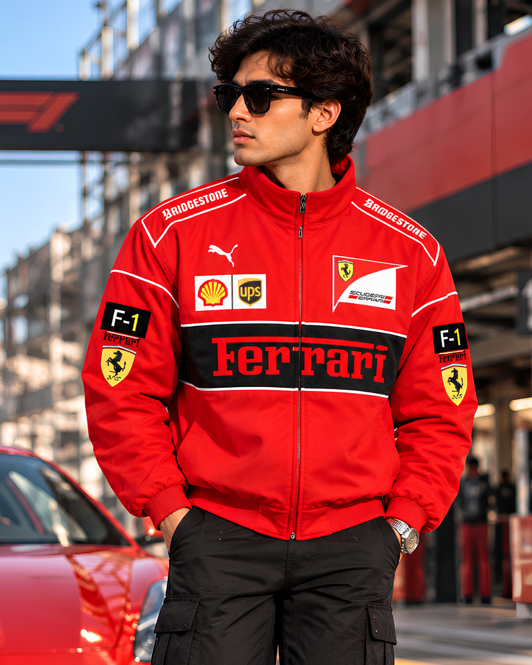 Premium red racing jacket hanging on wooden hanger