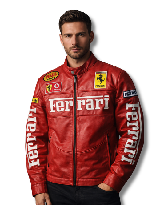 Red Ferrari faux leather racing jacket for men, bold motorsport style streetwear outerwear