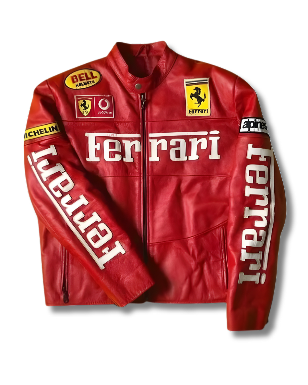 Red racing jacket in faux leather with Ferrari theme, modern fit statement streetwear