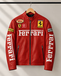Red Ferrari faux leather racing jacket for men, bold motorsport style streetwear outerwear