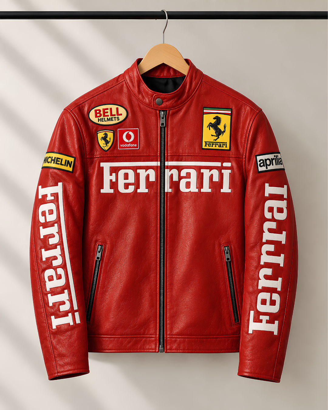 Red Ferrari faux leather racing jacket for men, bold motorsport style streetwear outerwear